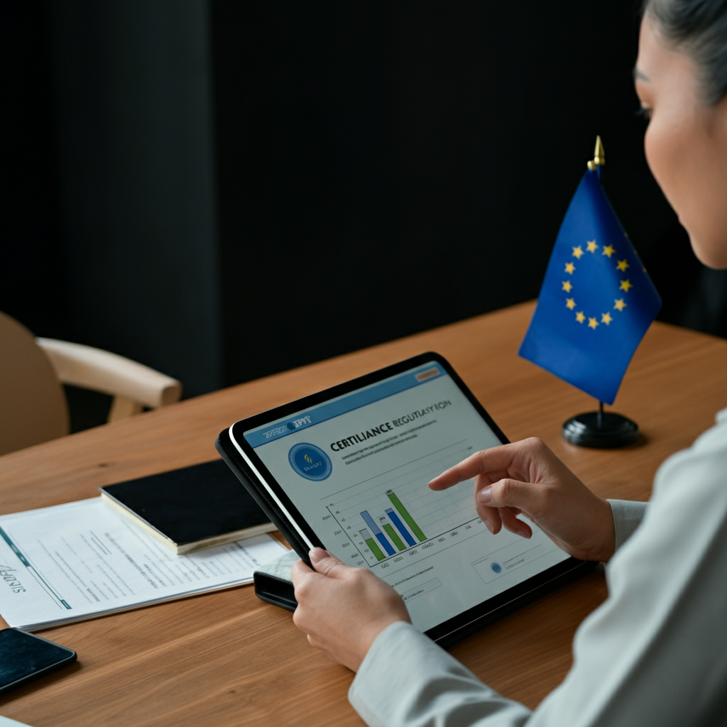 Hands stamping a compliance certificate and reviewing an EU digital checklist, symbolising European Authorised Representative appointment for Shopify brands before 2026.