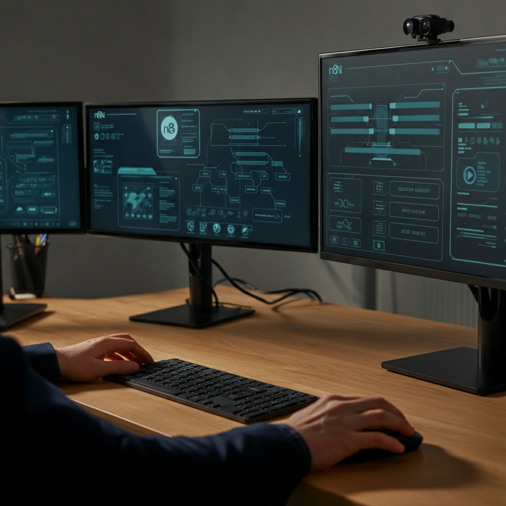 Close-up of a professional workspace with hands on a keyboard, multiple screens showing n8n workflows and Google Antigravity integration, illustrating interactive debugging.