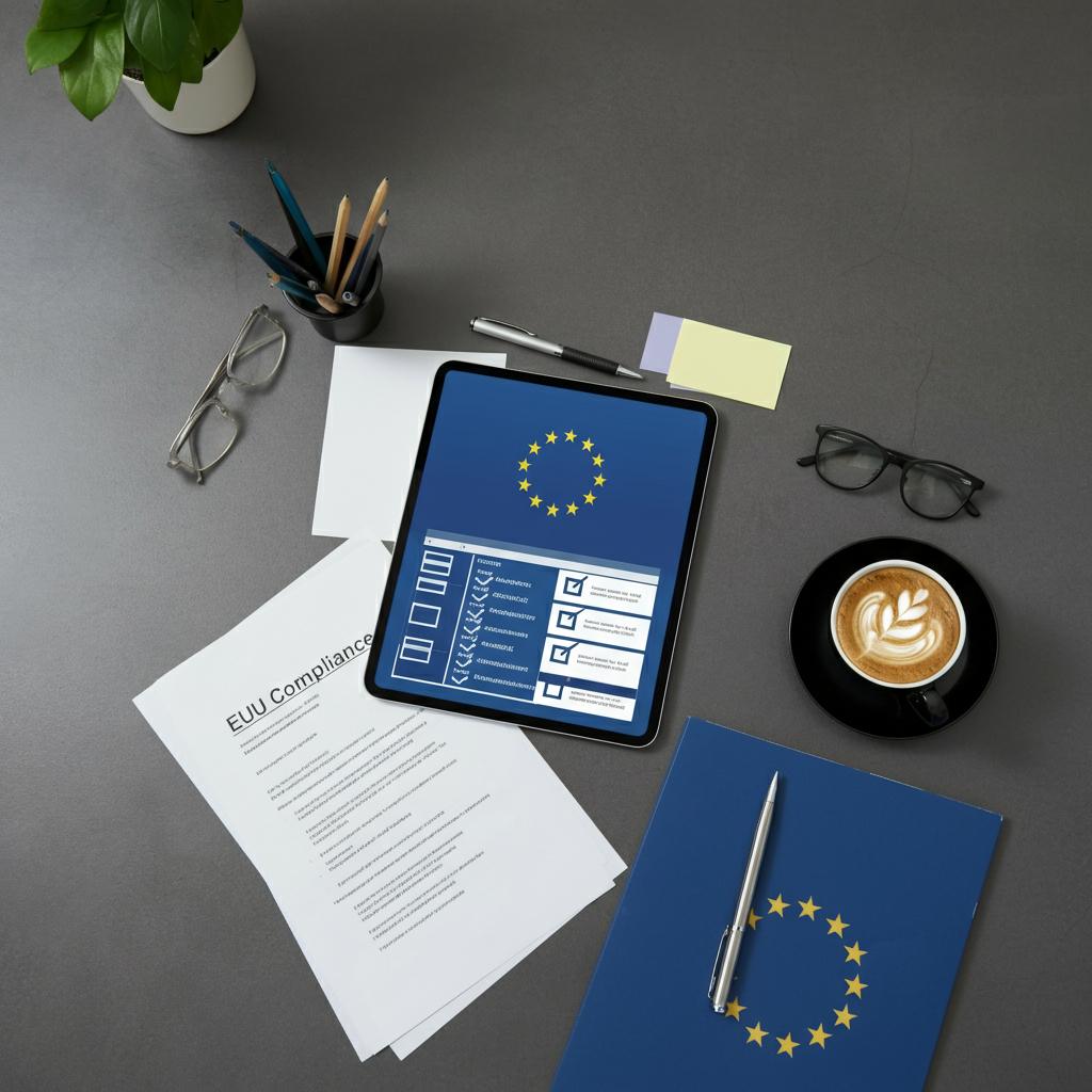 Overhead view of a modern desk with EU compliance documents, a digital checklist, and coffee, illustrating the process to Appoint Representative for EU compliance.
