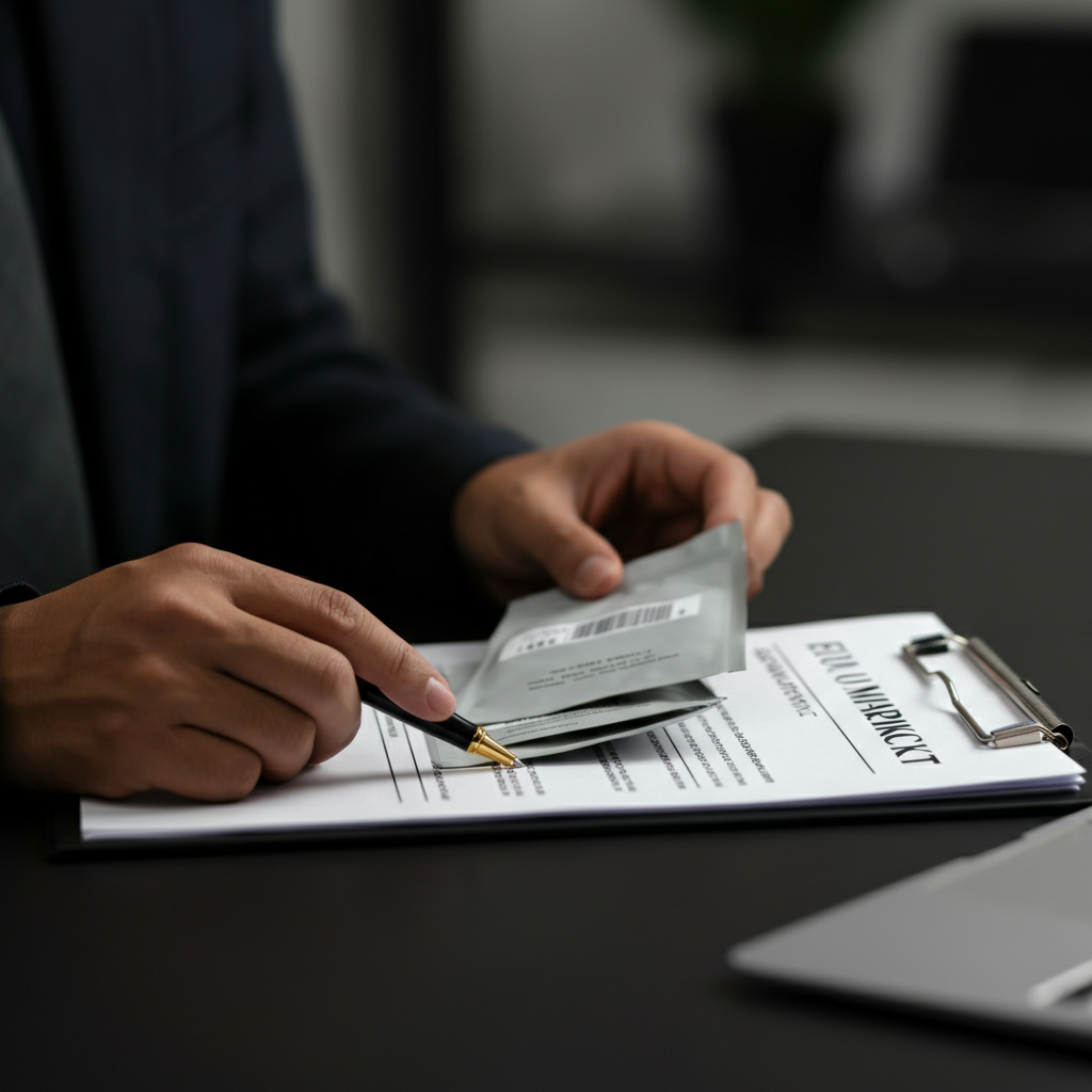 Hands reviewing Regulation EU 2019 1020 compliance paperwork and product packaging, highlighting Chinese exporters' action steps before the 2026 deadline.