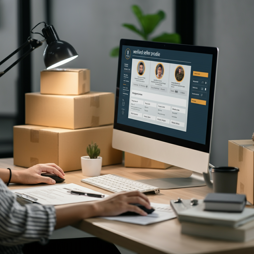 Hands of a logistics professional navigating verified Amazon seller profiles on a computer screen, highlighting the process of [[