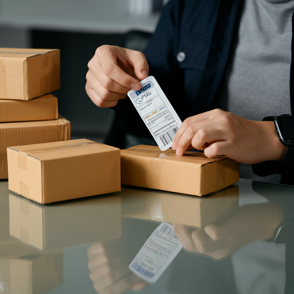 Hands applying an EU safety label to an Amazon parcel, representing Gpsr Eu compliance steps for sellers entering the European market in 2026.