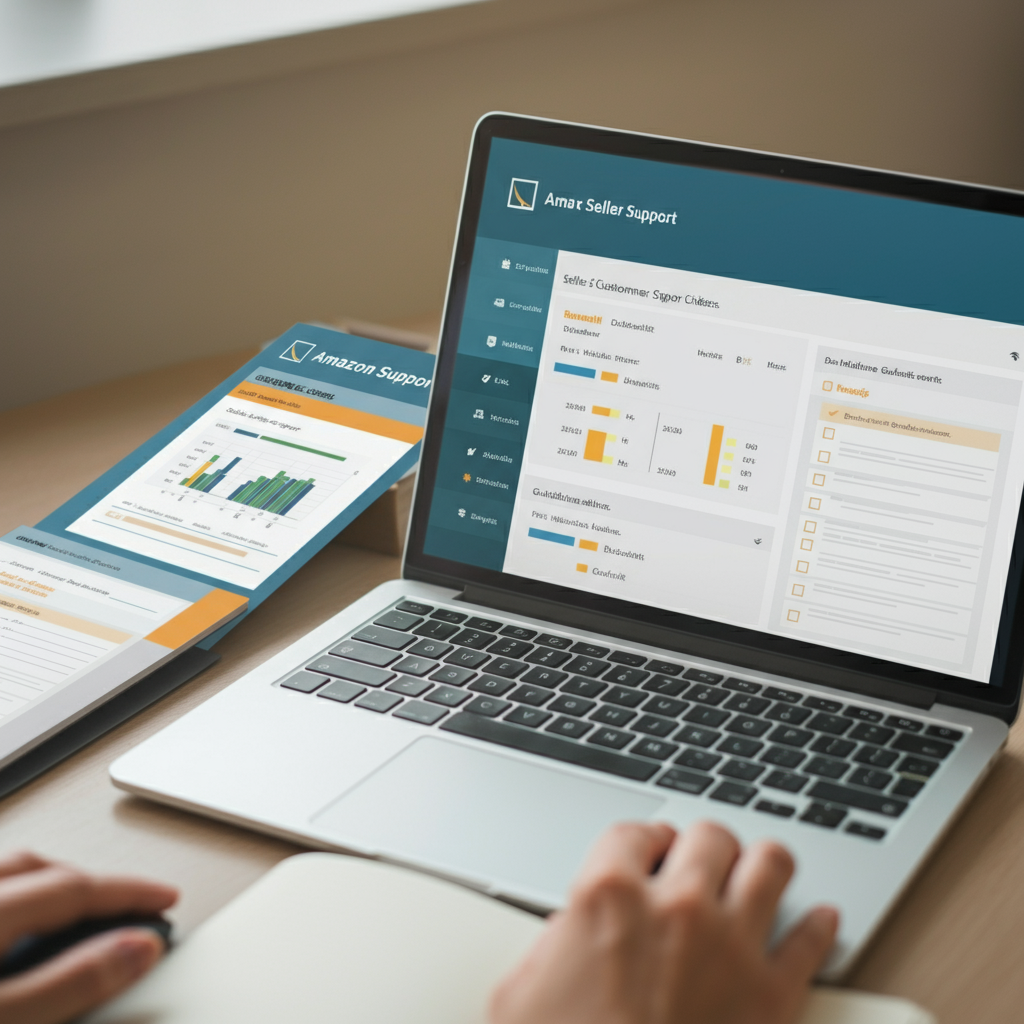 Laptop showing Amazon Seller Customer Support portal on a UK office desk, with compliance checklists and notepad, highlighting account protection strategies.