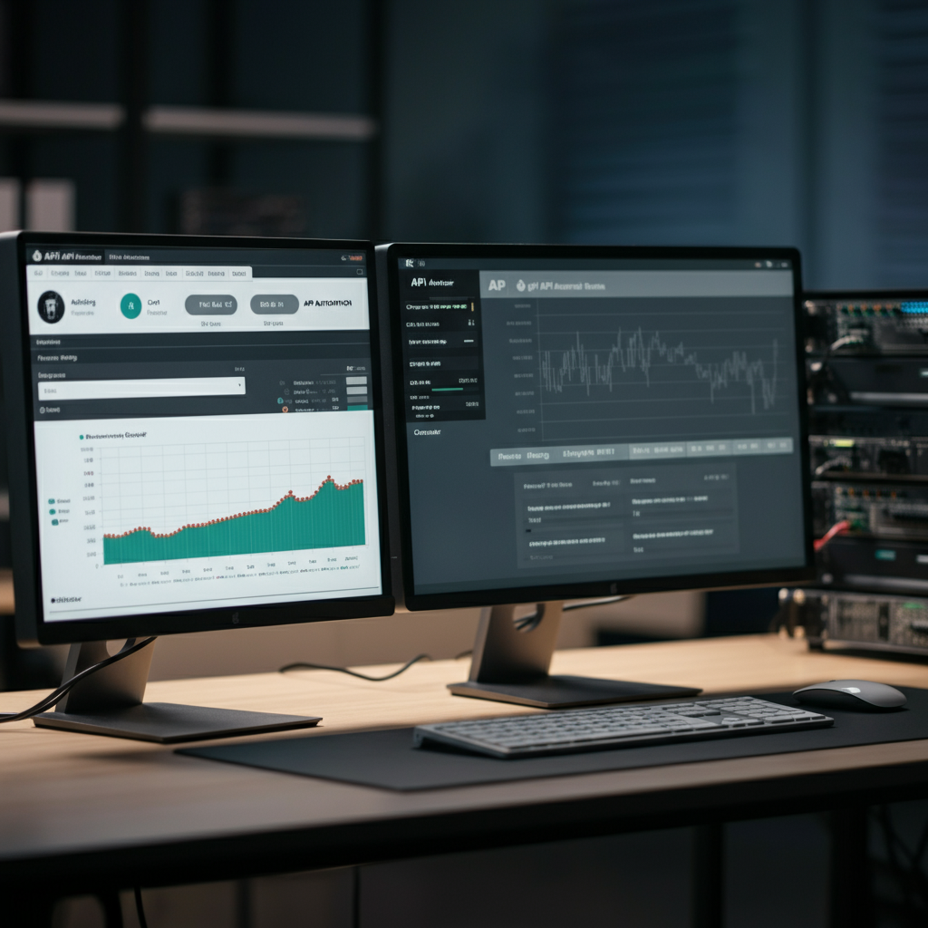 Automation Apis dashboards with error logs and workflow charts on dual monitors in an office, highlighting real-world API error management.