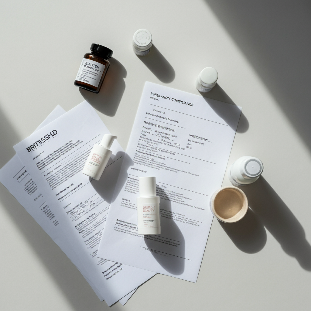 Hands reviewing compliance documents and beauty product packages for Uk Responsible Person requirements in 2026 on a British office table.