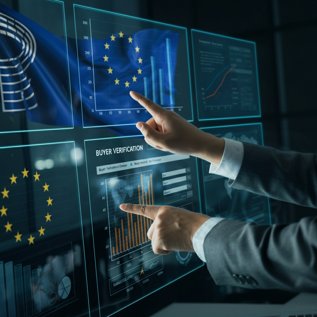 Professionals reviewing Amazon seller compliance reports and EU regulatory data together, focusing on safeguarding DTC brands' access to EU markets.