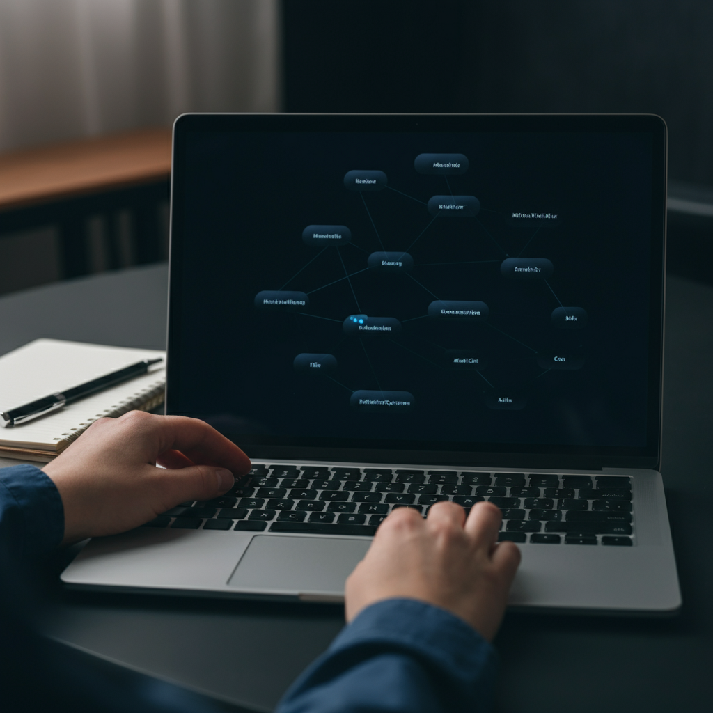 Hands of a solopreneur adjusting nodes on an n8n workflow on a laptop, highlighting error prevention and workflow mastery in 2026.