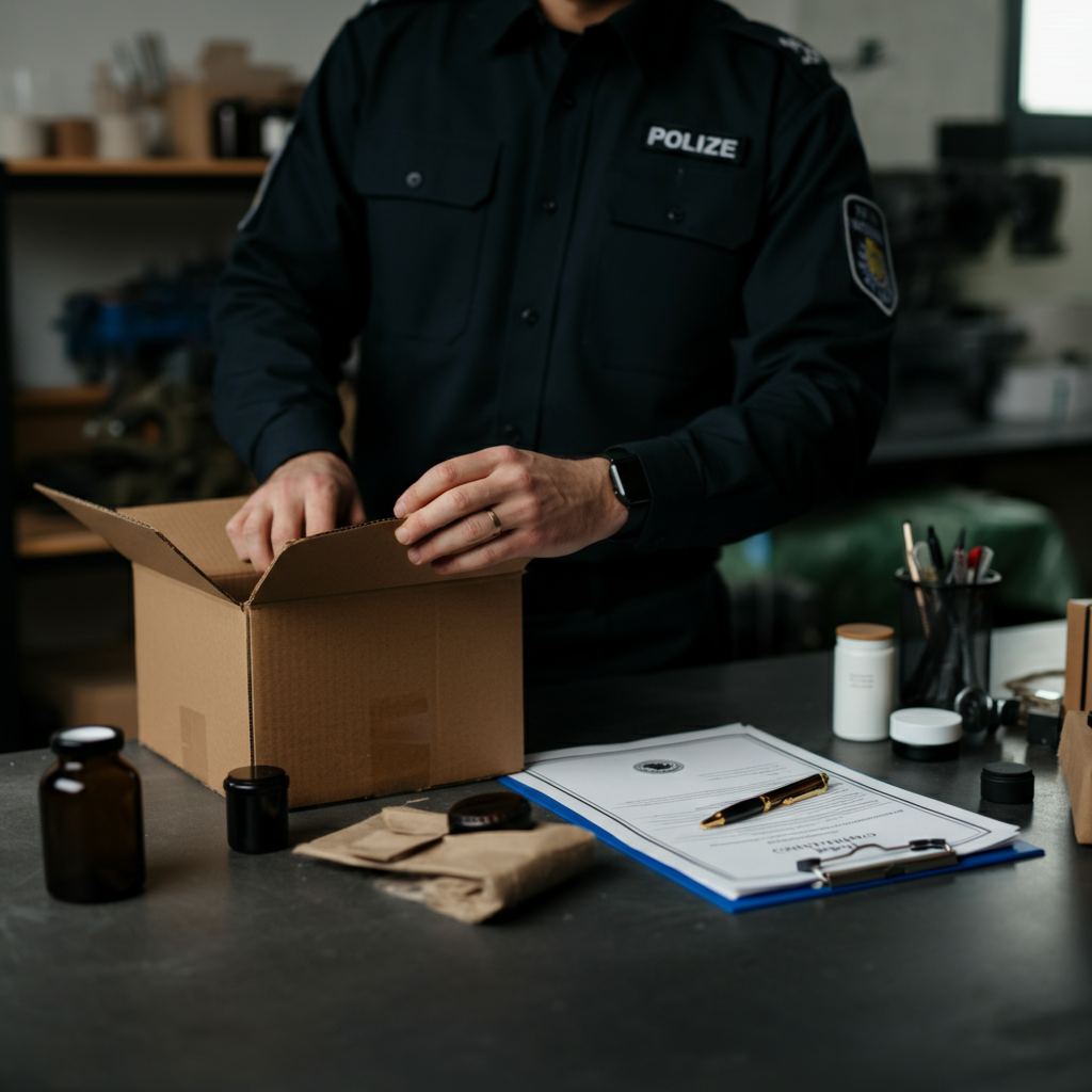 Hands of a UK small business owner packing products for EU shipment, with visible compliance certificates and documents supporting Eu Responsible Person regulations.