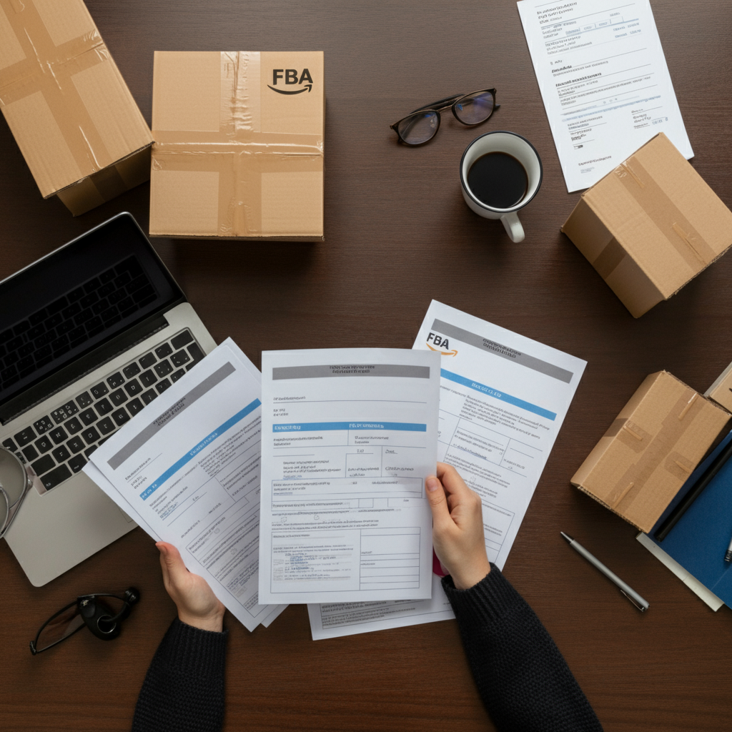 Hands organize EU trademark registration forms and branded Amazon FBA packages on a desk, highlighting compliance steps for 2026.