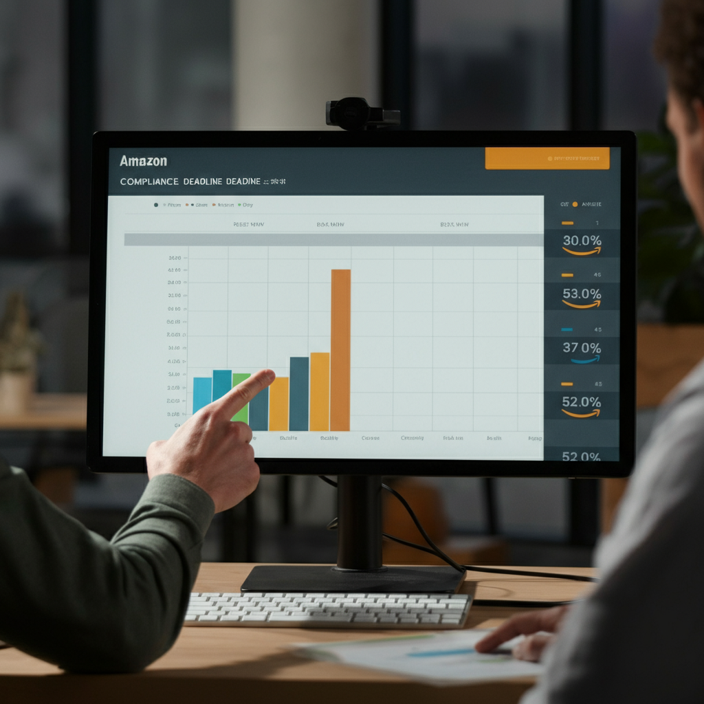 Hands pointing at a large monitor showing Amazon Seller Helpline compliance deadlines for aggregators in 2026 in a UK office.
