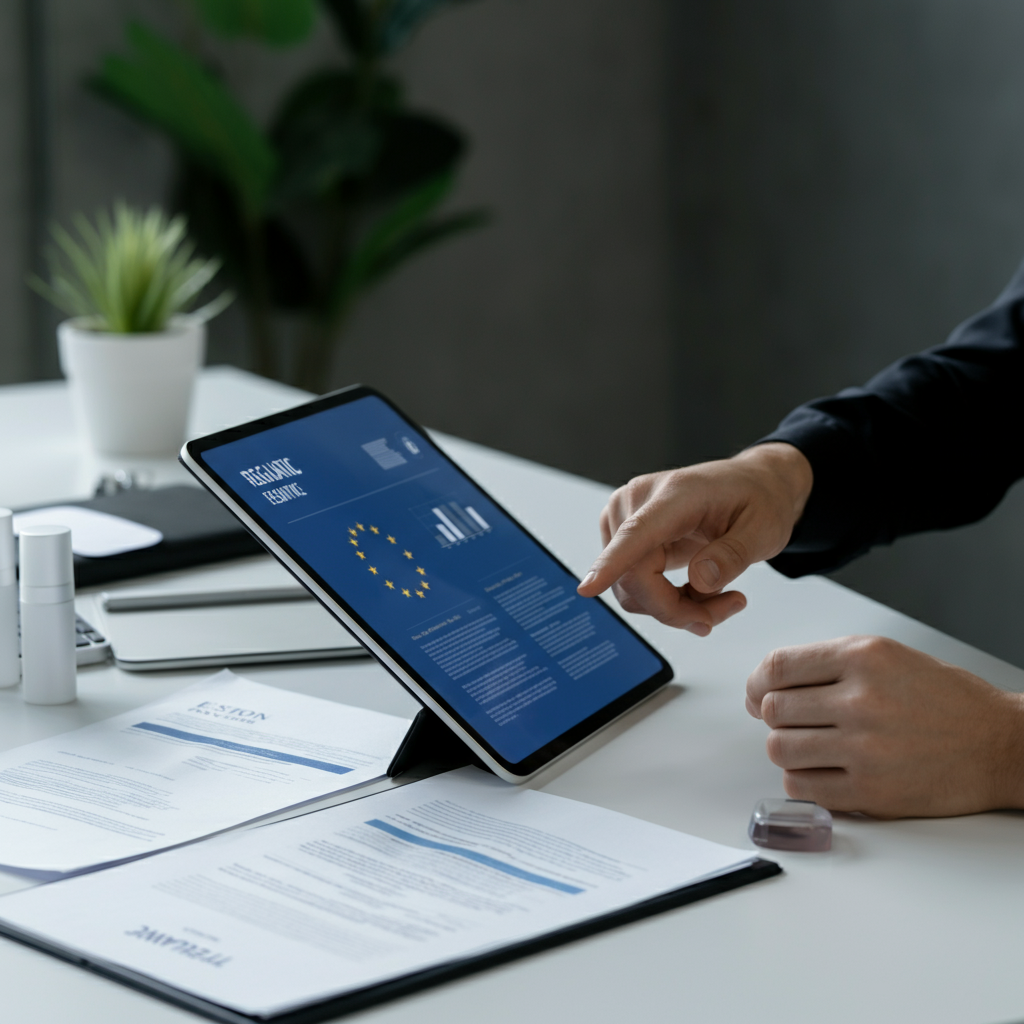 Digital tablet showing Cosmetic Responsible Person compliance checklist with cosmetic products and paperwork, professionals' hands collaborating in a modern office.