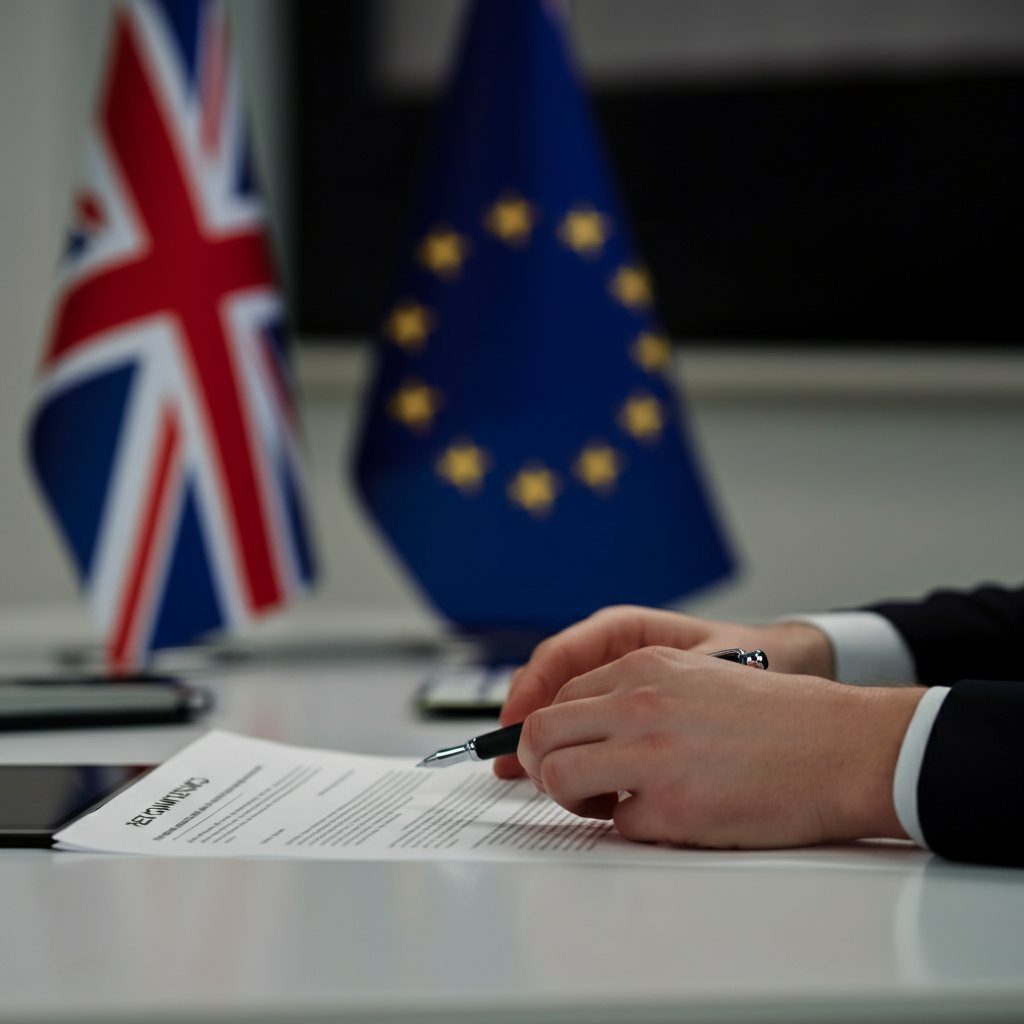 Hands reviewing EU compliance paperwork with EU and UK flags in the background, highlighting the importance of an EU responsible person for UK sellers.