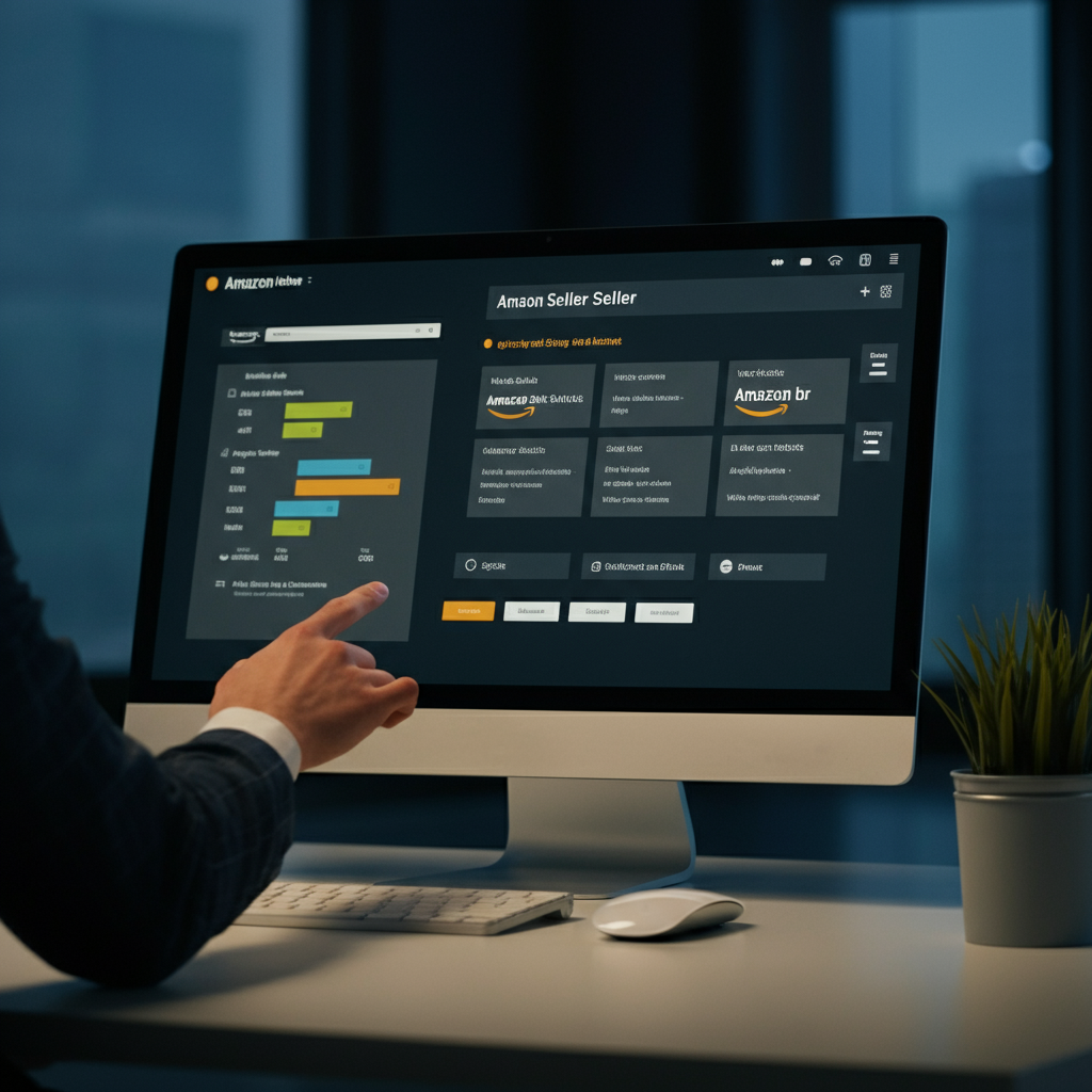 A hand pointing to a validated Amazon Seller Contact Number entry on a digital dashboard, symbolizing compliance verification in a modern office.
