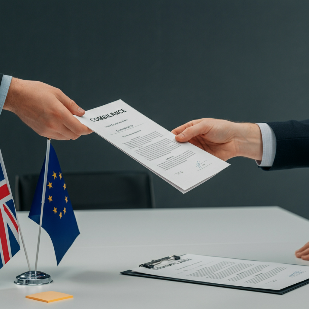 Close-up of hands exchanging a CE compliance certificate for European Authorized Representative Services, with British and EU flags in the background.