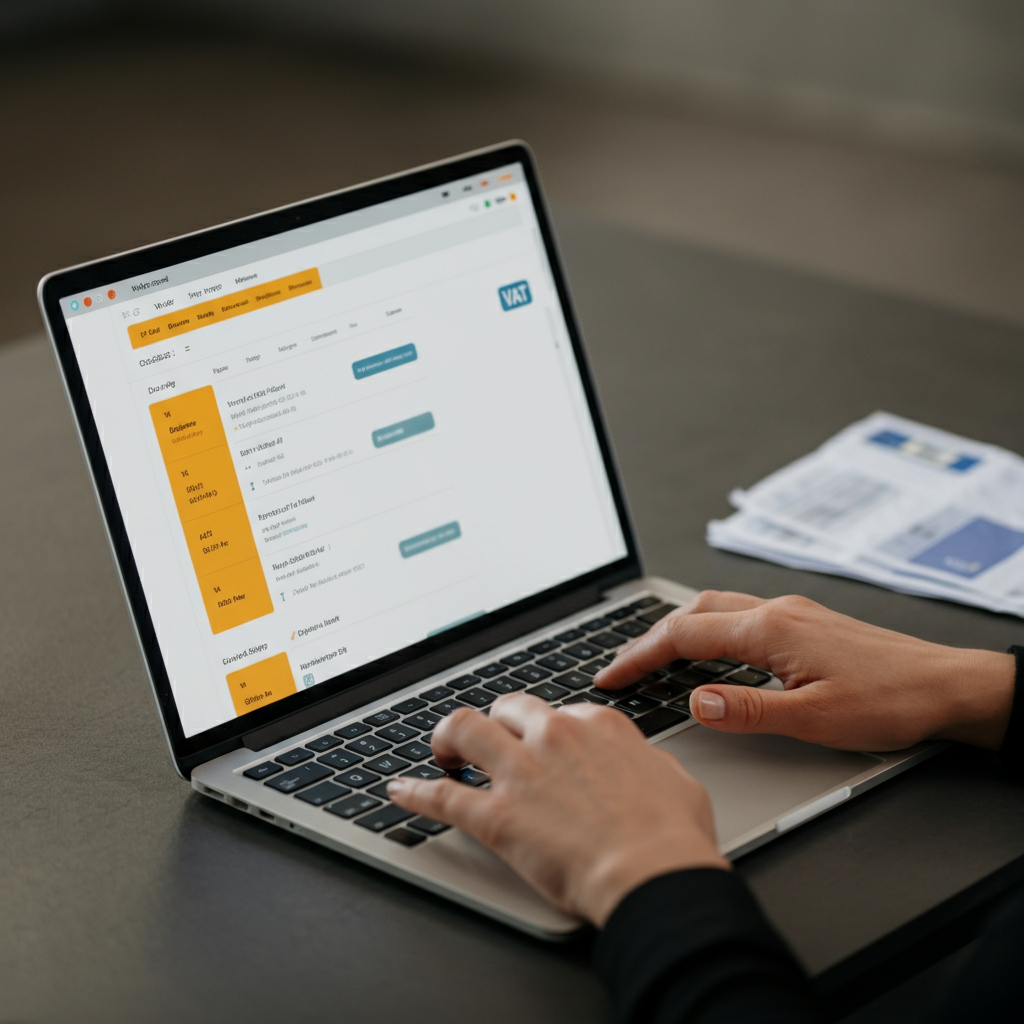 Hands using a laptop to view an Amazon seller page with VAT verification documents on the desk, illustrating How To Find Someone's Amazon Storefront.