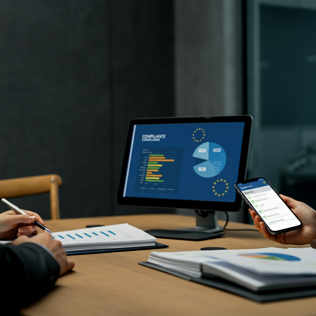 A meeting table with hands-only team members reviewing EU compliance documents and comparison charts for authorised representative services in 2026.