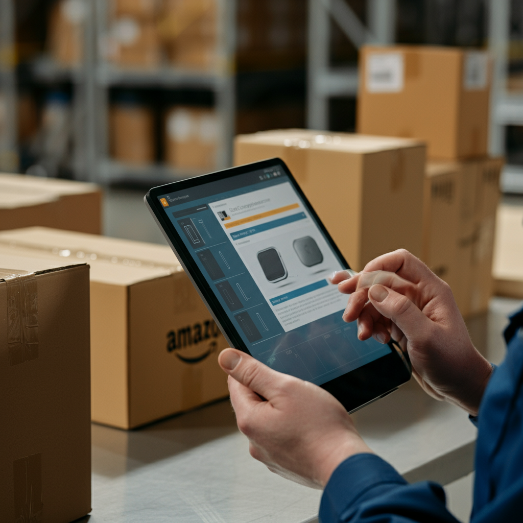 Hands holding a tablet with STAR Method Amazon compliance steps, next to electronics packages with Amazon shipping labels in a UK warehouse setting.