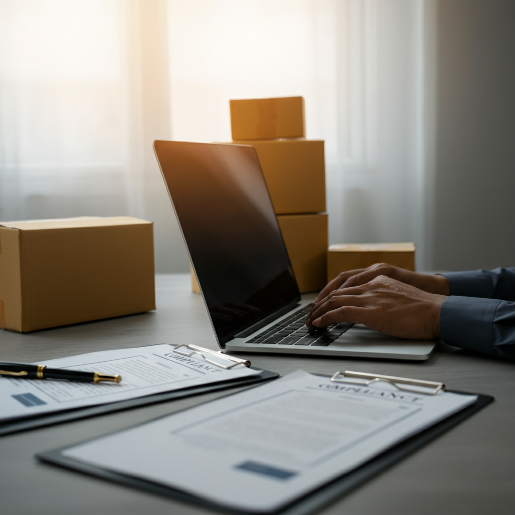 Key concept visual for Who Is A Responsible Person: a business desk with compliance checklists, Amazon packaging, and a laptop showing EU compliance preparation.