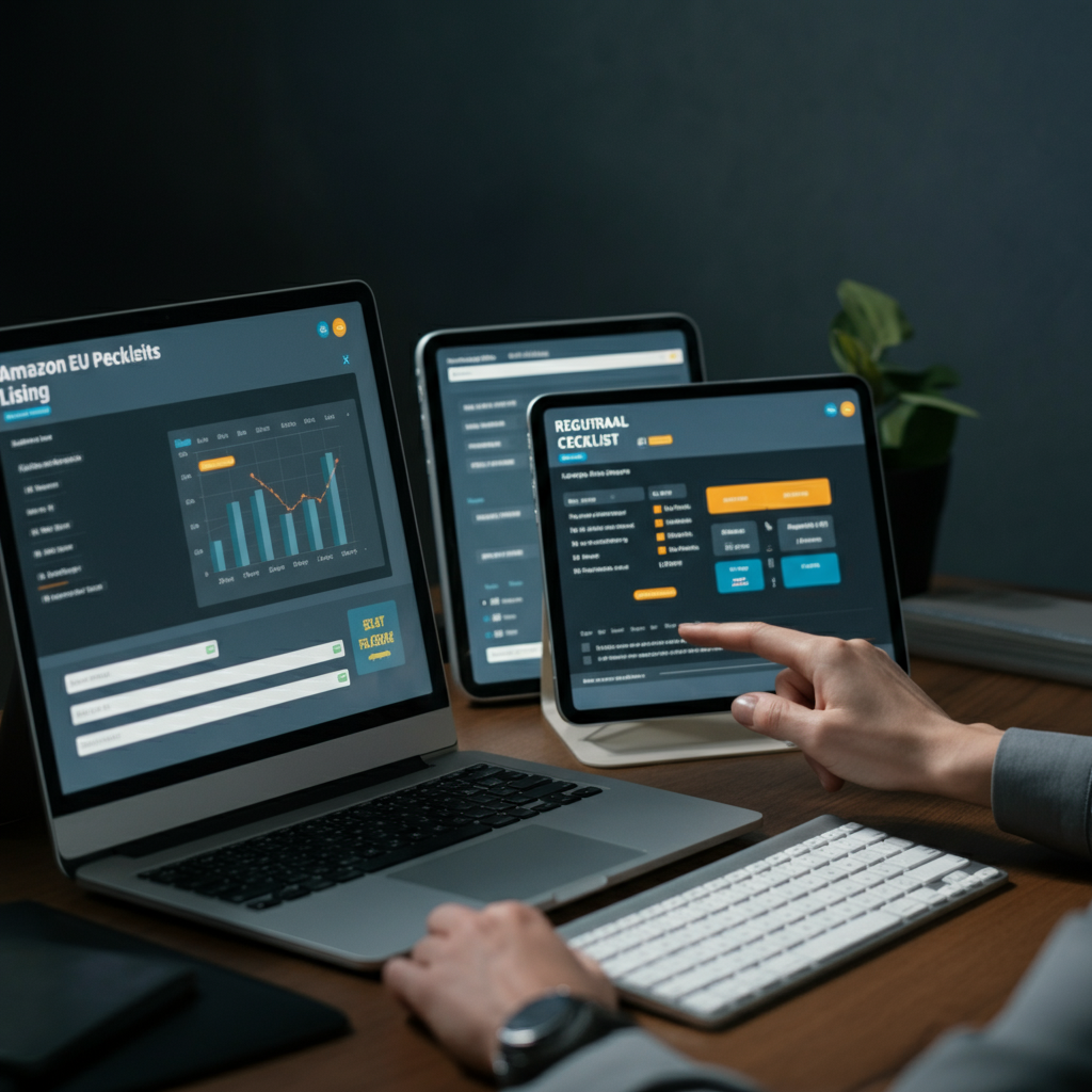 Hands updating Amazon product listings for EU cross-border compliance in 2026, with compliance documents and European map in a British office.