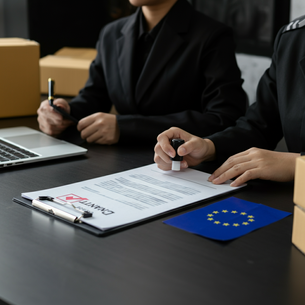 Gpsr Meaning concept: hands reviewing compliance checklists and stamping approval on product documents, highlighting new EU safety rules for non-EU factories.