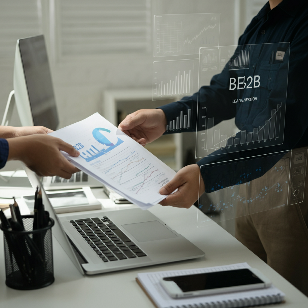 Hands exchanging business documents and using digital devices with EU B2B lead generation data, illustrating lead gen examples for Shopify and Amazon.