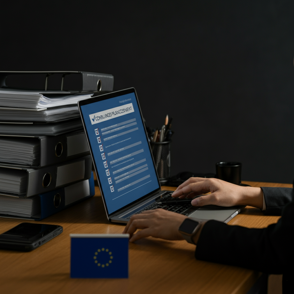 Hands reviewing IEC 63000 2018 compliance binders and a checklist on a laptop, highlighting EU importer documentation requirements for 2026.
