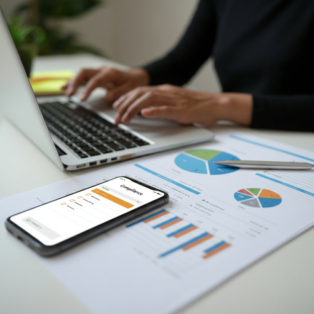 Hands typing on a laptop with Amazon seller reports and a compliance checklist nearby, illustrating compliant partnership outreach on Amazon.