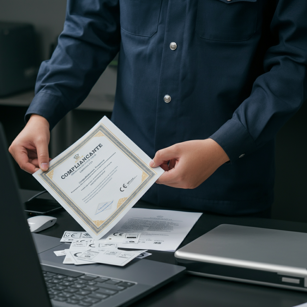 Hands arranging RoHS3 compliance certificates and CE-marked Chinese electronics in a modern office, highlighting documentation and regulatory focus.