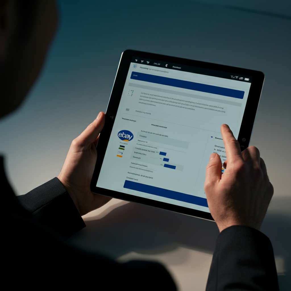 Tablet displaying the Eu Market Access Database and eBay product listings, with hands reviewing compliance documents in a modern UK office.