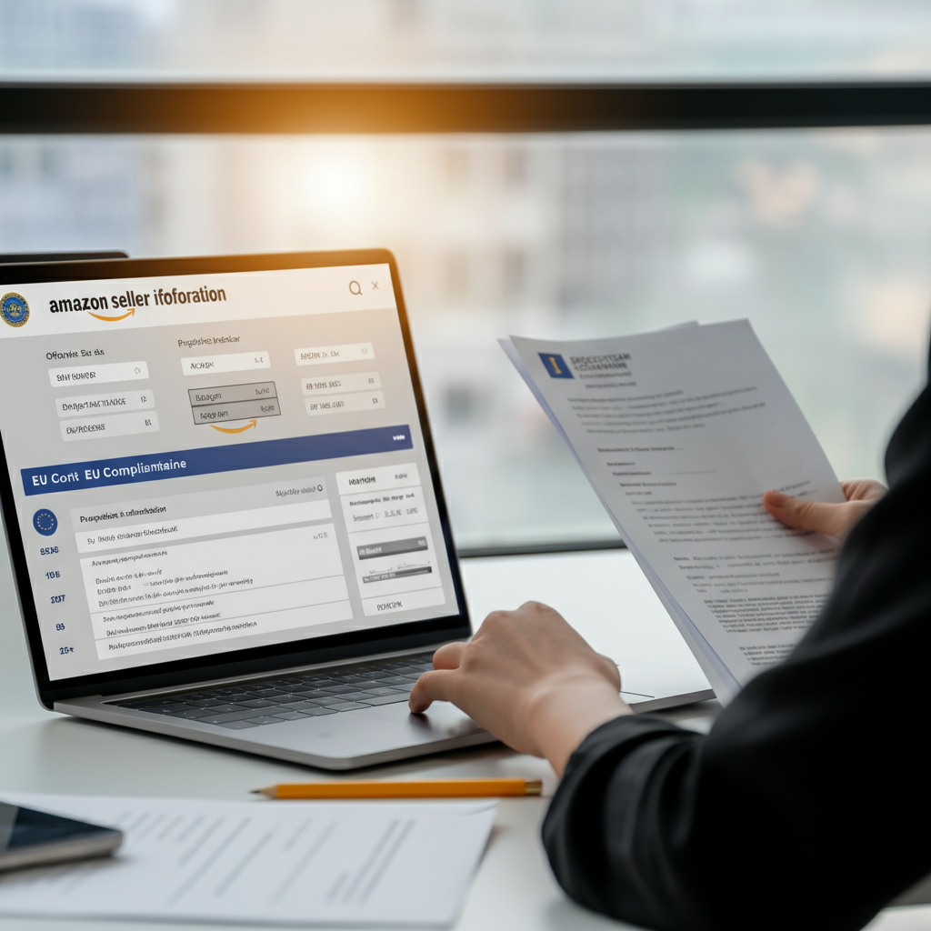 Close-up of digital devices and EU compliance papers illustrating key steps in How to find a Amazon seller: B2B strategies for EU regulatory safety-interactive.