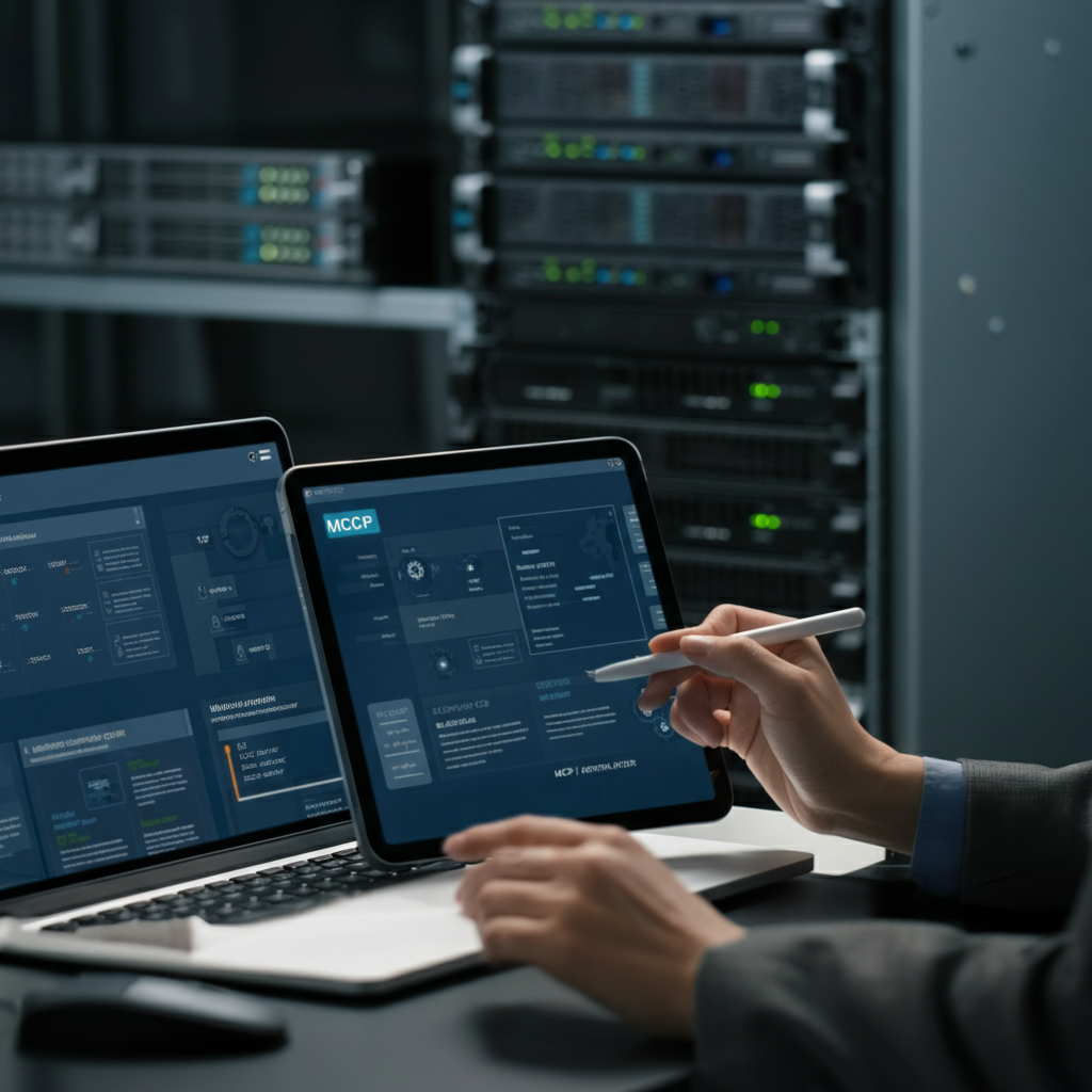 Hands connecting cables to server racks and configuring a workflow automation dashboard, illustrating Workflow Camunda and MCP server integration.
