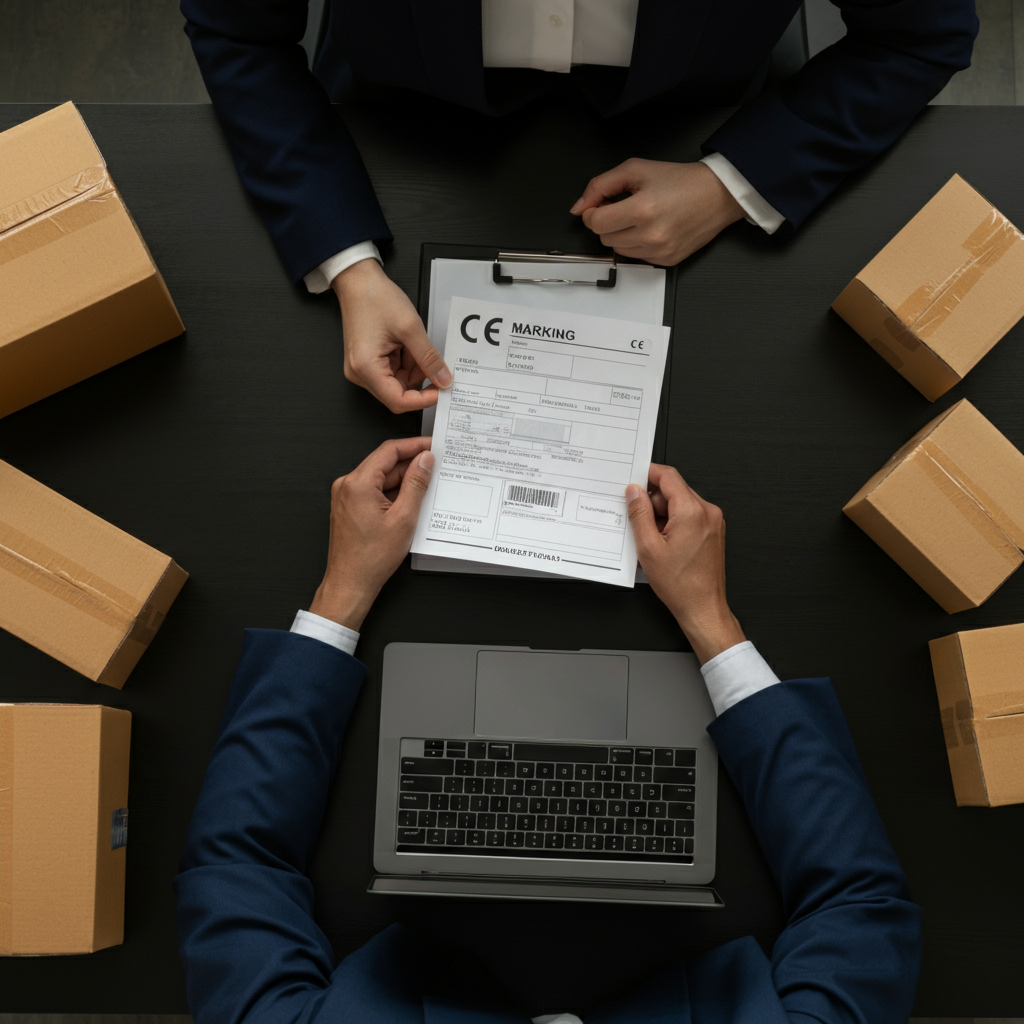Overhead view of hands reviewing CE marking labels and EU shipment paperwork, with organized parcels ready for cross-border export, illustrating Conformity European compliance.