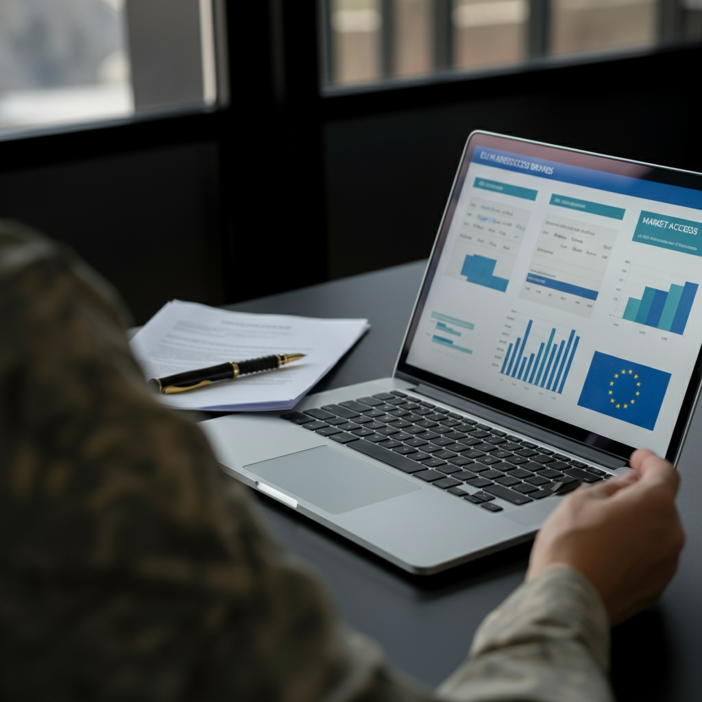 Workspace with a laptop showing the European Market Access Database and hands holding paperwork, illustrating UK brands preparing for EU compliance before 2026.