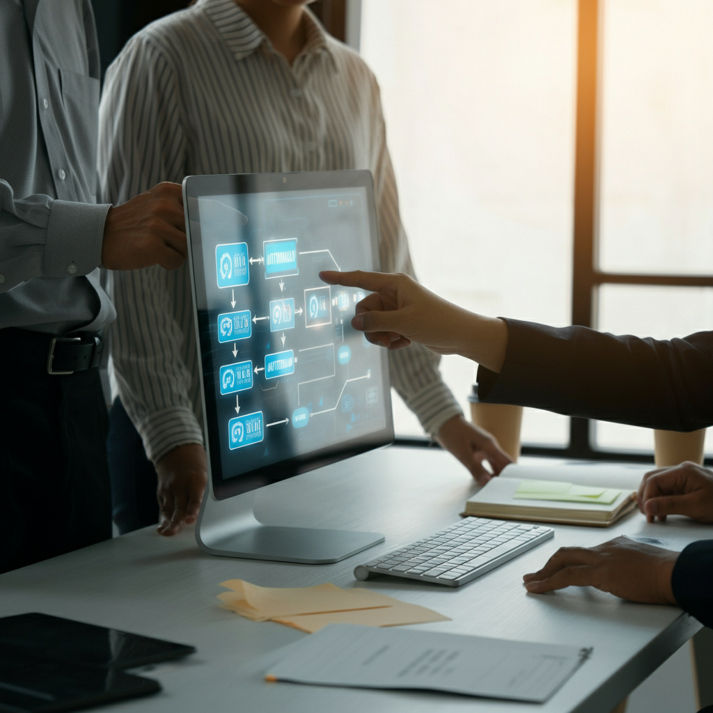 Hands of a business team collaborating on workflow diagrams and digital flowcharts to improve Business Workflow Management for automation agencies.