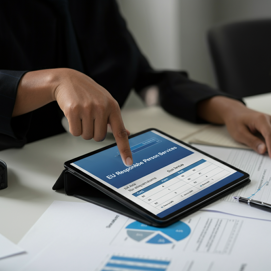 Hands using a tablet to compare EU Responsible Person 2026 costs and features for Eldris and ComplianceGate, with compliance paperwork on a modern office table.