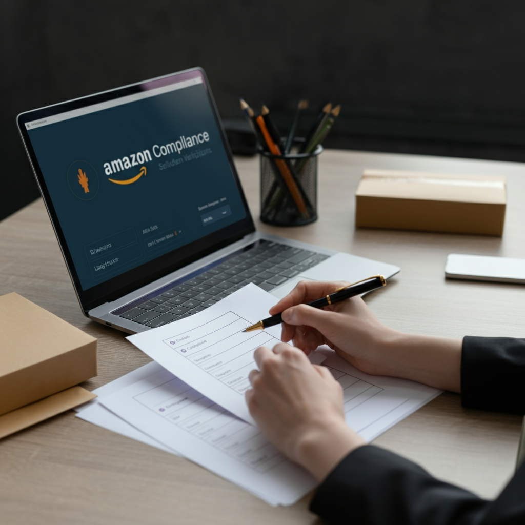 Hands reviewing customs compliance checklists while verifying Amazon sellers on a laptop, illustrating How Do You Find A Seller On Amazon without risking customs seizure.