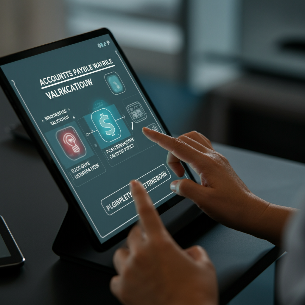 Hands reviewing AP automation validation dashboards on a tablet in a modern office, illustrating Cloud Based Ap Automation workflow checks before production.