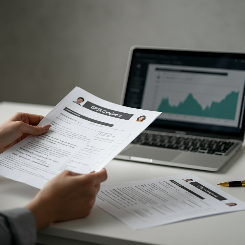 Hands sorting GPSR compliance checklists and import documents next to a laptop displaying Amazon seller data, illustrating How Do You Search By Seller On Amazon.