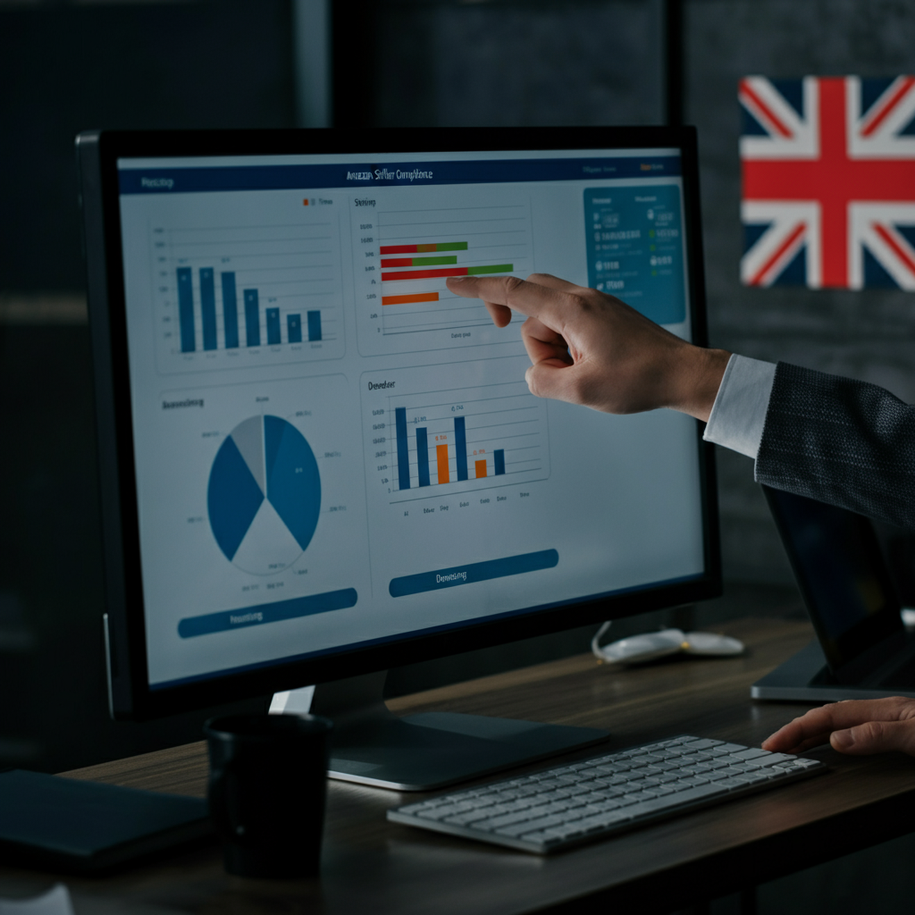 Business professionals collaborating on Amazon seller compliance data and 2026 deadlines using a large digital display in a UK office.