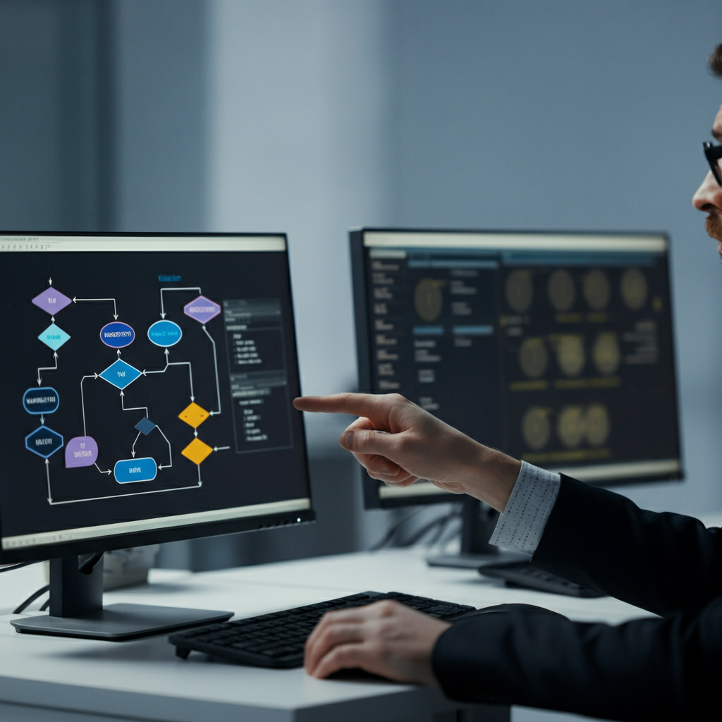 Hands of IT specialists pointing at workflow validation dashboards and diagrams on computer monitors, illustrating troubleshooting in Google Antigravity automation.