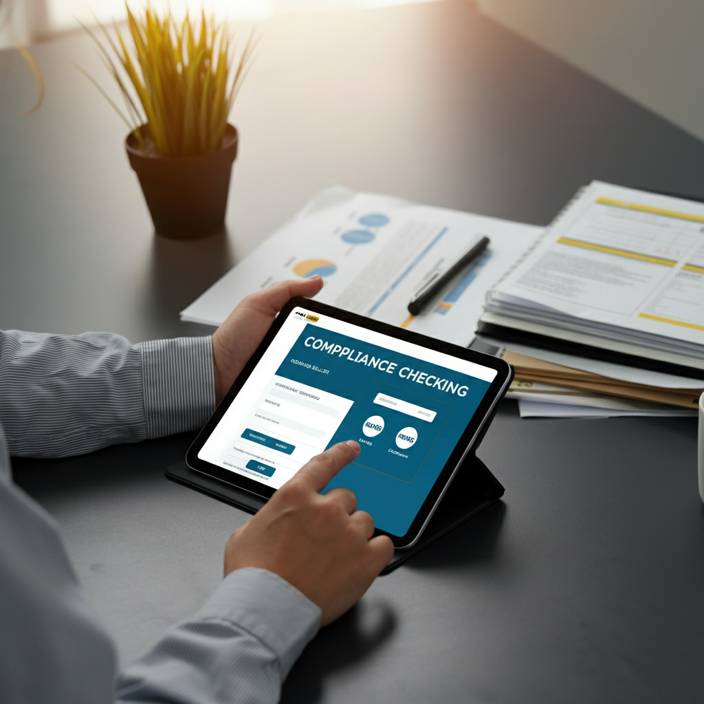 Tablet displaying an Amazon seller compliance tool, with hands interacting in a modern office, highlighting How To Search Sellers On Amazon for RoHS 2026.