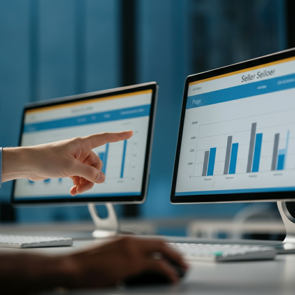 Hands reviewing Amazon seller compliance reports and highlighting essential data fields on screens in a modern office, emphasizing the importance of accurate seller information.