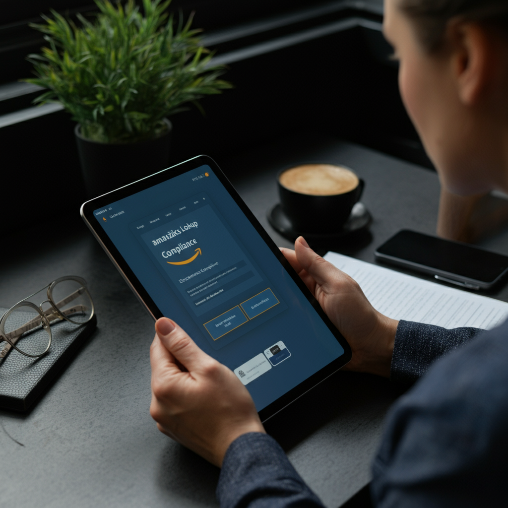 Hands collaborating in a British office, reviewing Amazon seller lookup reports and verifying electronics listings for 2026 compliance.