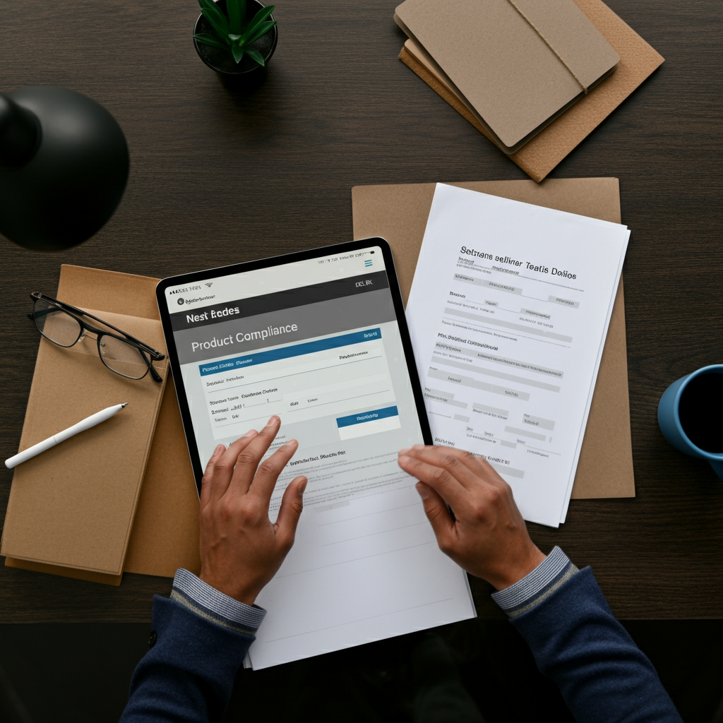 Hands highlighting product compliance documents next to a tablet with Amazon seller details, illustrating Search Amazon for seller compliance steps.
