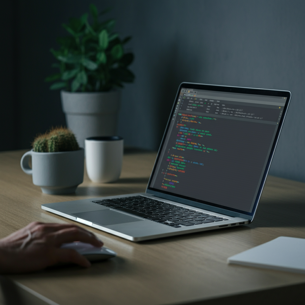 Laptop displaying n8n REST API workflow builder with error highlights, hand using mouse, illustrating debugging of syntax errors and workflow reliability.