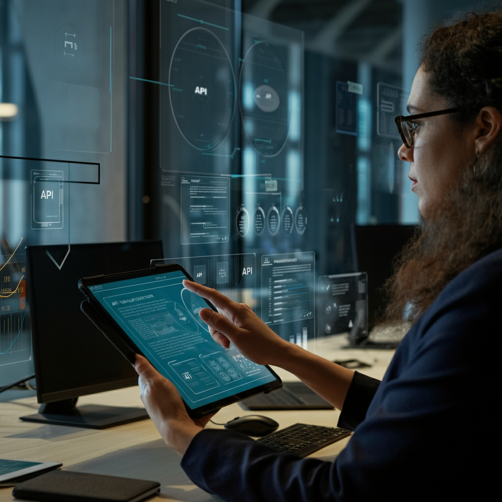 Team members' hands reviewing API validation results and workflow stability on digital devices and screens in a modern British office.