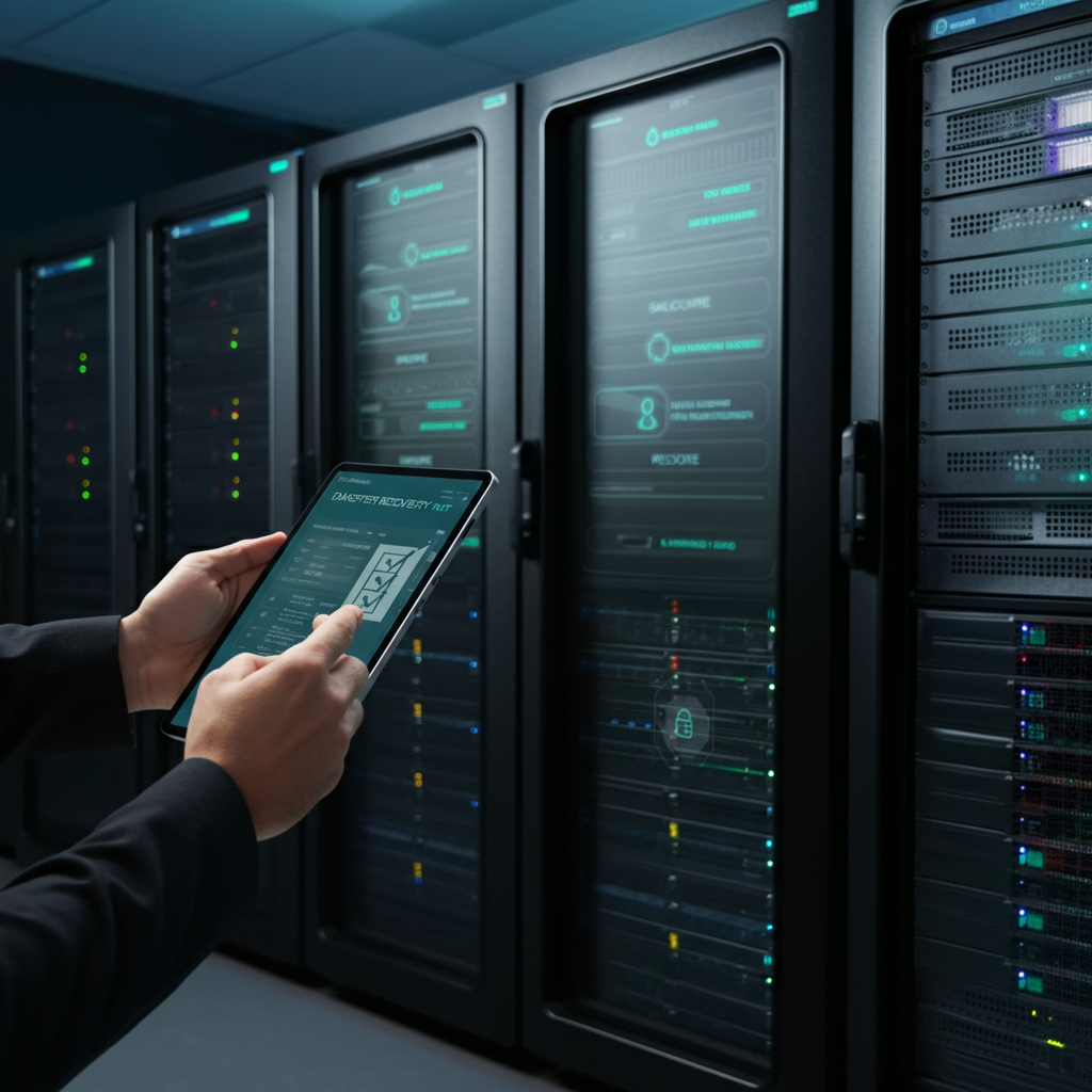 Amazonsellersupport disaster recovery checklist being updated on a tablet in a UK enterprise IT operations room with backup storage units.