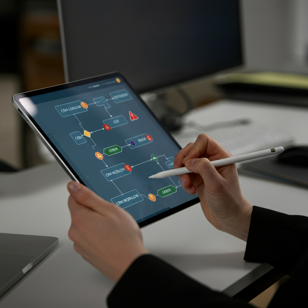 A tablet displaying a CRM workflow with highlighted nodes and error indicators, hands interacting, in a modern UK office.
