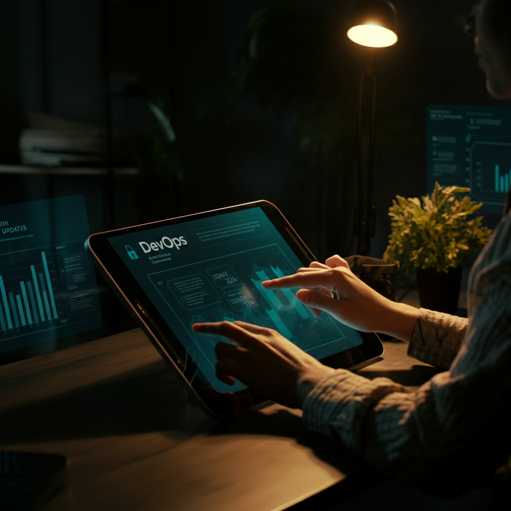 Hands using tablet and laptop to review visual dashboards of DevOps tools and the Top Cybersecurity Trends To Watch In 2024 in a UK office.