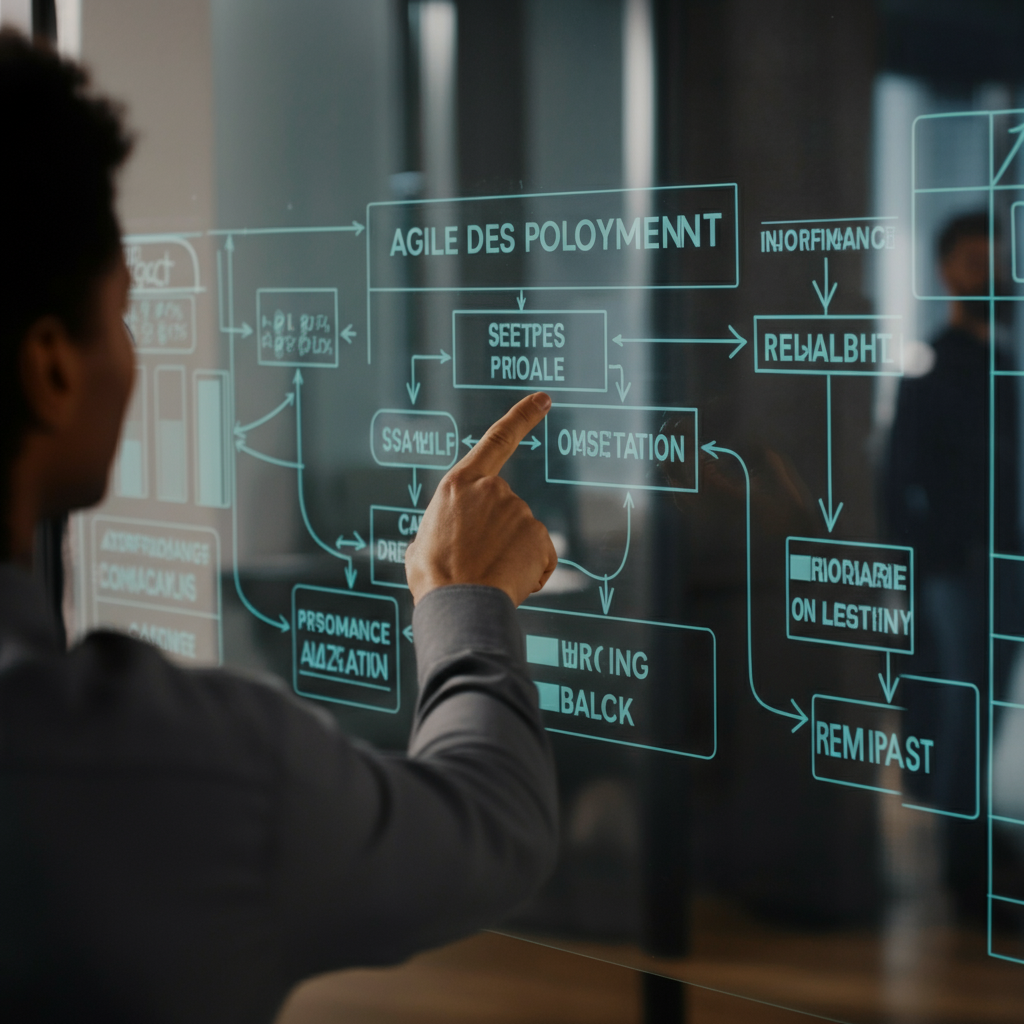 Hands gesturing towards a digital dashboard showing agile deployment and CI/CD progress in a UK office, illustrating How To Create Amazon Store improvements.